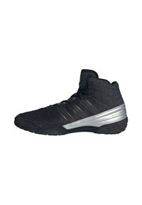 Black high-top athletic shoes with textured fabric upper, silver midsole, three black stripes, and rubber outsole.