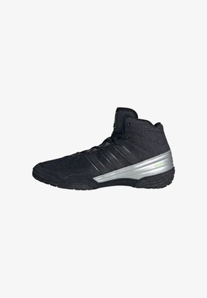 Black high-top athletic shoes with textured fabric upper, silver midsole, three black stripes, and rubber outsole.