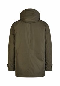 Olijfgroene gewatteerde jas met een capuchon, voorzien van een rechte snit, lange mouwen en knoopmanchetten; gladde textuur en minimalistisch ontwerp.