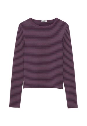 Chemise violette à manches longues avec fines rayures horizontales noires et col rond, présentée à plat sur fond blanc.