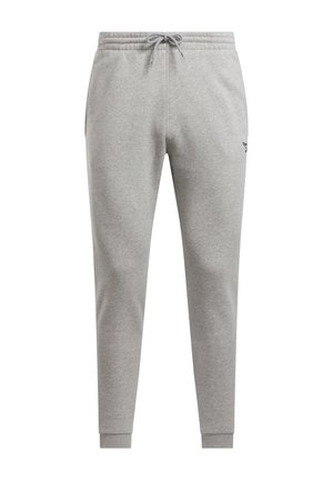 Grey sweatpants made of soft fabric, featuring an elastic waistband with drawstring, tapered legs, and side pockets. Simple design.