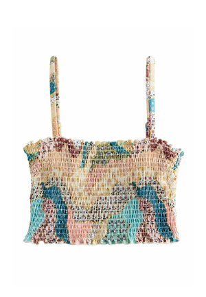 Gerafftes Crop-Top mit verstellbaren dünnen Trägern, mit einem mehrfarbigen abstrakten Muster in Pastellfarben von Rosa, Blau, Gelb und Beige.