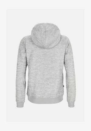 Grauer Hoodie aus strukturiertem Stoff, mit Kapuze und Kordelzug sowie gerippten Bündchen. Besitzt ein einfarbiges Design und eine lockere Passform an der Taille.