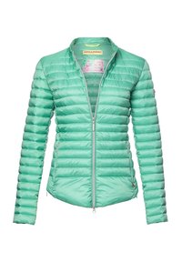 Lightweight mint green puffer jacket, featuring horizontal quilted design, mock neck, front zip closure, and zippered side pockets.