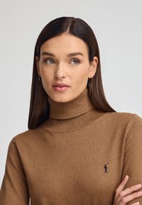 Brązowy sweter z golfem wykonany z miękkiego materiału, z prążkowanymi mankietami i małym ciemnym logo na piersi. Gładka faktura i dopasowany krój.