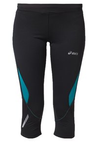 Černé sportovní capri kalhoty s tyrkysovými bočními panely, vyrobené z elastického syntetického materiálu, s bílým logem Asics na přední straně.