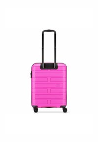 Hard-shell pink suitcase with horizontal ridges, black retractable handle, and four wheels for mobility. Features a logo on the front.