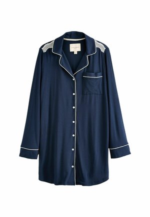 Camicia da pigiama blu navy, maniche lunghe, bordo bianco, chiusura con bottoni, colletto a punta, dettagli in pizzo sulle spalle, una tasca sul petto.