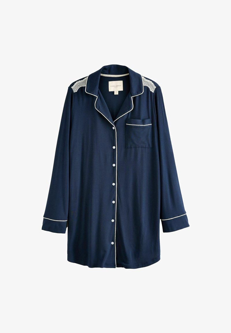 Pajama srajca v marine modri barvi, dolgi rokavi, beli obrobe, gumbasta zapiranje, ovratnik z izrezom, čipkasti detajli na ramenih, en žep na prsih.