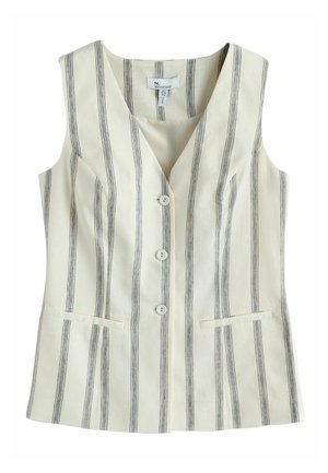 Beżowa kamizelka bez rękawów z pionowymi czarnymi paskami, trzema guzikami z przodu i dwoma kieszeniami, z kołnierzem w kształcie litery V.