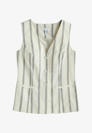 Ujjatlan bézs mellény függőleges fekete csíkokkal, három elülső gombbal és két elülső zsebbel, V-nyakú gallérral.