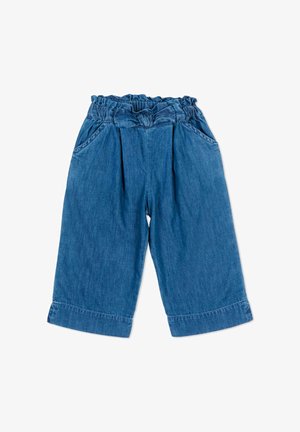 Pantaloni larghi in denim blu a vestibilità comoda per bambini con vita elastica e un fiocco di stoffa davanti.