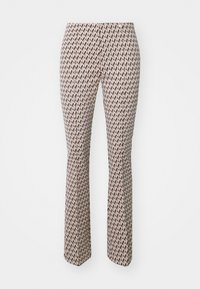 Gemusterte Hose mit einem figurnahen Schnitt und weitem Bein, aus einem leichten Stoff in beigen, braunen und dunkelgrünen Rauten.