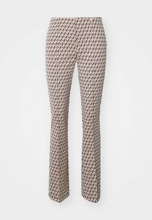 Patterned trousers featuring a fitted design with a flared leg, made from a lightweight fabric in beige, brown, and dark green diamond shapes.