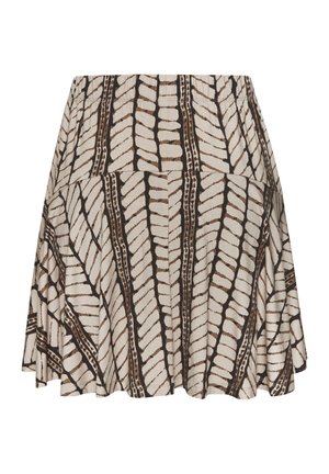 Kurzer beiger Rock mit dunklem, vertikalem und diagonalem blattähnlichem Muster, ausgestelltem Schnitt und weicher Stoffstruktur.