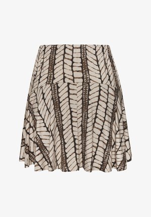 Kurzer beiger Rock mit dunklem, vertikalem und diagonalem blattähnlichem Muster, ausgestelltem Schnitt und weicher Stoffstruktur.