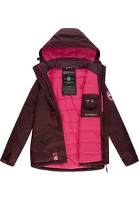 Bordeaux utomhusjacka med ett rosa isolerat foder, huva, flera fickor och en logotypapplikation. Har dragkedjor och justerbara element.