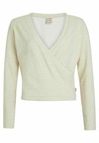 Top enveloppant vert clair en tissu doux avec un col en V, des manches longues et une coupe raccourcie. Dispose d'une petite étiquette de marque à l'ourlet.