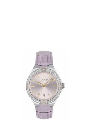 Silver and pink analog wristwatch with crystal-studded bezel, gold hour markers, date display, and light purple textured leather strap.
