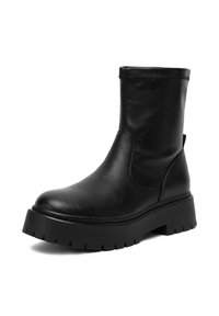 Melnas ādas potītes zābaki ar noapaļotu purngalu, plakanu platformu un masīvu zoli. Iekļauts šuvju apdare un vilkšanas cilpiņa aizmugurē.