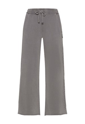 Grey wide-leg pants with elastic waistband and drawstring. Soft fabric with a smooth texture. Features side pockets and a relaxed fit.