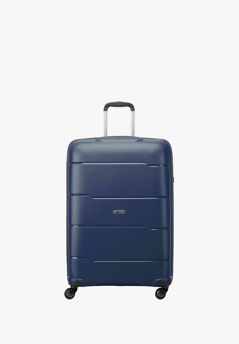 Valigia rigida marina con scanalature verticali, manico telescopico in alluminio e quattro ruote nere girevoli per una facile mobilità.