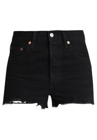 Pantalones cortos de mezclilla negra con dobladillo deshilachado, diseño de talle alto, detalles de botones de cobre y estilo tradicional de cinco bolsillos.