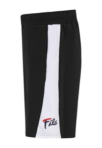 Pantaloni corti neri con pannello laterale bianco, vita elastica e logo Fila in accenti rosso e blu. Realizzati in tessuto morbido e traspirante.