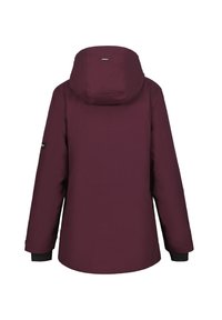Maroon waterproof jacket featuring a hood, long sleeves with black cuffs, and a subtle logo on the upper back. Smooth, matte texture.