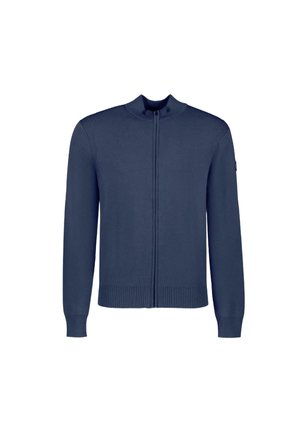 Marineblauwe ritscardigan van zacht breiwerk, met ribbels aan de mouwen en onderrand. Eenvoudig ontwerp met een opstaande kraag. Geen patronen of accenten.