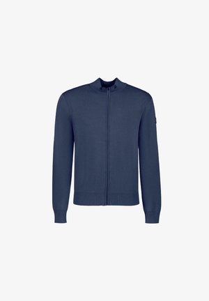 Marineblauwe ritscardigan van zacht breiwerk, met ribbels aan de mouwen en onderrand. Eenvoudig ontwerp met een opstaande kraag. Geen patronen of accenten.