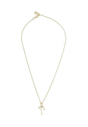 Goldfarbene Halskette mit einer zarten Kette und einem bogenförmigen Anhänger. Der Anhänger zeichnet sich durch geschwungene Linien und ein minimalistisches Design aus.