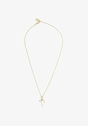 Goldfarbene Halskette mit einer zarten Kette und einem bogenförmigen Anhänger. Der Anhänger zeichnet sich durch geschwungene Linien und ein minimalistisches Design aus.