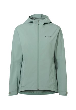 Lichtgroene waterdichte jas met capuchon, een rits aan de voorkant, verstelbare manchetten en een klein logo op de borst en onderzoom.