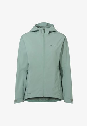 Lichtgroene waterdichte jas met capuchon, een rits aan de voorkant, verstelbare manchetten en een klein logo op de borst en onderzoom.