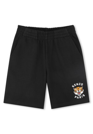 Pantaloni corti neri in cotone con cintura elastica, dotati di tasche laterali e una grafica di una tigre con il testo "KENZO PARIS" nell'angolo in basso a destra.
