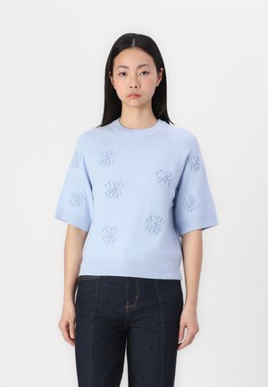 Light blue knitted short-sleeve sweater featuring embroidered flowers, ribbed hem, and a round neckline. Paired with dark denim jeans.
