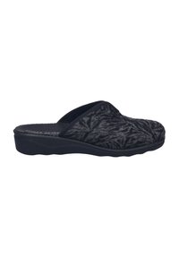 Chausson mule à motif noir et gris avec semelle rembourrée, talon ouvert et dessus en tissu doux pour un confort intérieur.