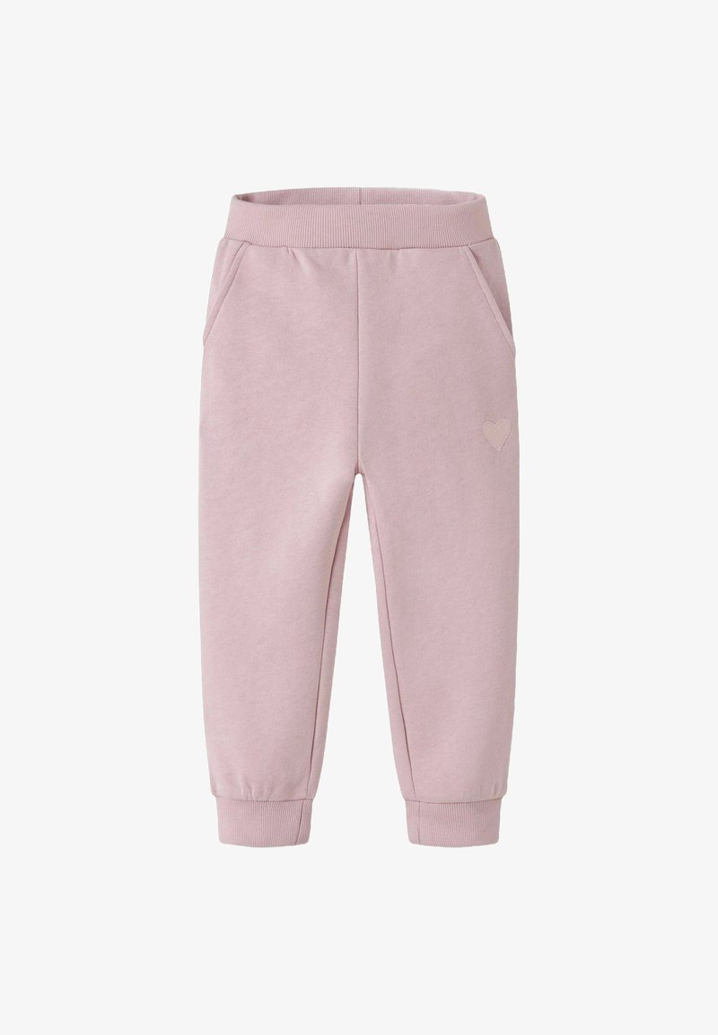 Rosa sweatpants med en blød tekstur, elastisk talje, sidelommer og en lille hjerte detalje på det ene ben.