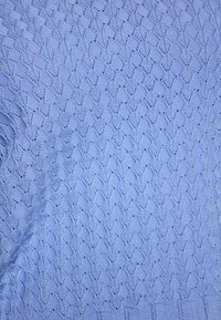 Hellblauer Strickpullover mit strukturiertem Muster, offenen Maschen und erhabenen Designs. Ausführliches Zopfmuster über die gesamte Fläche.