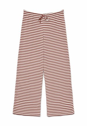 Brown and white horizontal striped wide-leg pants with an elastic waistband and a front drawstring tie.
