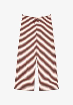 Brune og hvite horisontale stripete bukser med vide ben, elastisk midje og snøring foran.