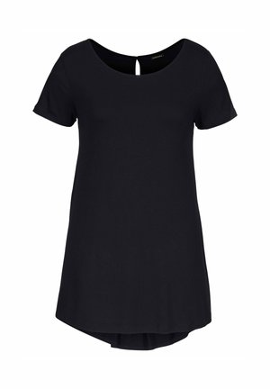 Black short-sleeve tunic top with round neckline and small keyhole detail at the back, slightly longer hem at the back.