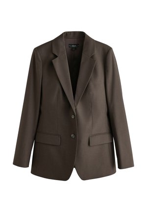 Mørkebrun skræddersyet blazer med to knapper, revers med hak, lange ærmer og klaplommer foran.