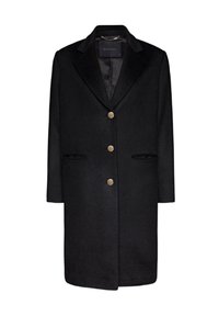 Cappotto di lana nera con rever, cinque bottoni dorati, due tasche laterali e fodera liscia. Design classico a taglio dritto.