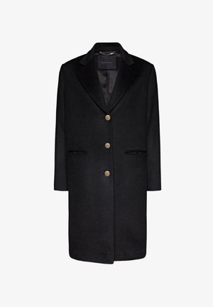 Cappotto di lana nera con rever, cinque bottoni dorati, due tasche laterali e fodera liscia. Design classico a taglio dritto.