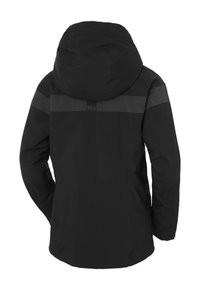 Černá voděodolná bunda s kapucí, s matným povrchem a kontrastním šedým horizontálním pruhem přes horní část zad.