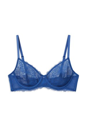 Blue lace underwire bra with adjustable straps and floral mesh pattern, laid flat on a white background.