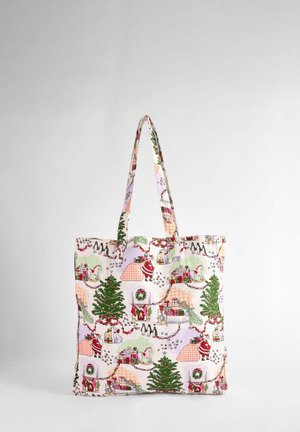 Tote bag lavet af bomuld med et festligt print, der viser juletræer, gaver og julekarakterer i pastelfarver. Dobbelt skulderstropper.