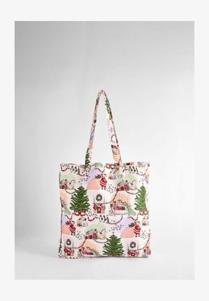 Medvilninė totetė su šventiniu spaudiniu, vaizduojančiu Kalėdų eglutes, dovanėles ir šventinius veikėjus pastelinėmis spalvomis. Dvigubi petnešos.